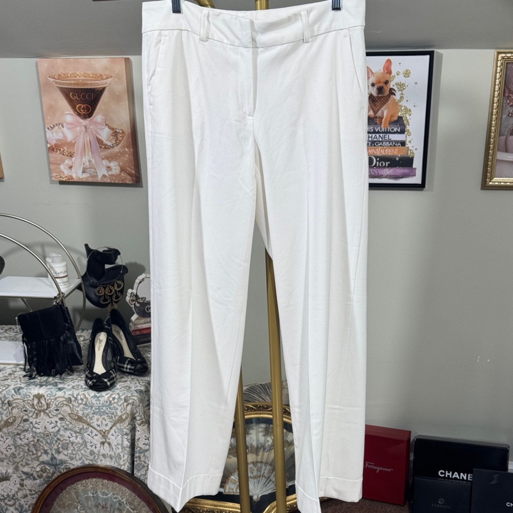 EUC New York & Company Cream Wide Leg Dress Trousers Faux Cuffs Belt Loops - Picture 8 of 10